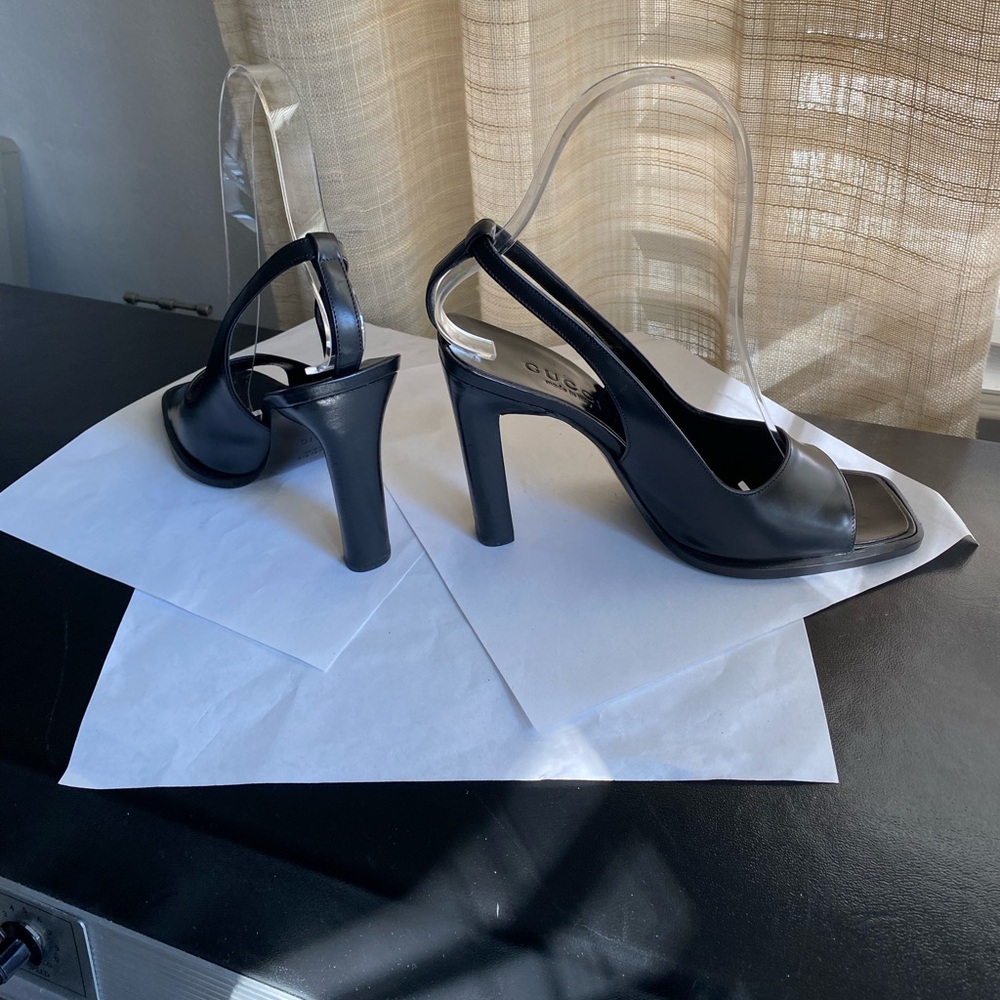 Gucci Black Open-Toe Heels sandals slides slip ons ankle strap leather 35.5-6